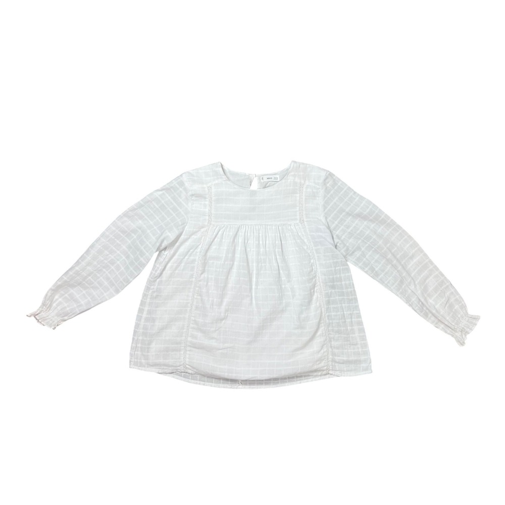 MNG Mango Kids Girls White Cotton Grid Lace Trim‎ Blouse Top Size 11-12Y 152cm